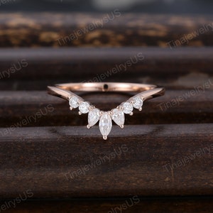 Marquise Curved wedding band Unique rose gold wedding band women vintage Diamond wedding ring Bridal Stacking Matching promise gift for her