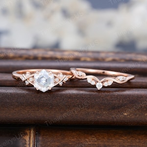 Vintage hexagon moissanite engagement ring set rose gold engagement ring twist dainty diamond bridal set promise ring unique weave ring