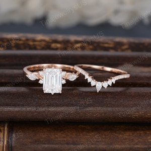 Emerald cut engagement ring set Unique rose gold engagement ring Vintage pear cluster ring matching stack wedding ring set promise ring gift