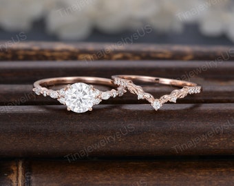Vintage Rose Gold Moissanite Engagement Ring Set: Diamond Bridal Cluster