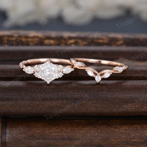 Hexagon Moissanite Engagement Ring Set: Rose Gold Bridal Wedding Band