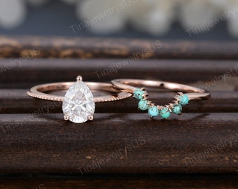 Vintage Pear shaped Moissanite engagement ring set Rose Gold Unique solitaire engagement ring Turquoise wedding band Bridal set Anniversary