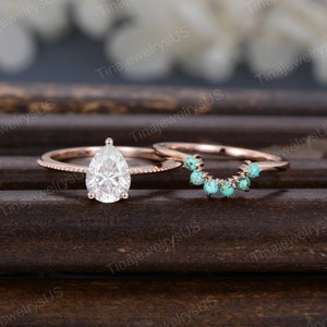 Vintage Pear shaped Moissanite engagement ring set Rose Gold Unique solitaire engagement ring Turquoise wedding band Bridal set Anniversary