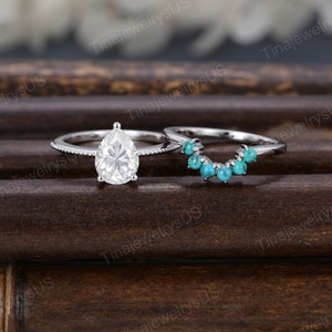 Vintage Pear shaped Moissanite engagement ring set White Gold Unique solitaire engagement ring Turquoise wedding band Bridal set Anniversary
