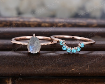 Vintage Pear shaped Labradorite engagement ring set Rose Gold Unique solitaire engagement ring Turquoise wedding band Bridal set Anniversary