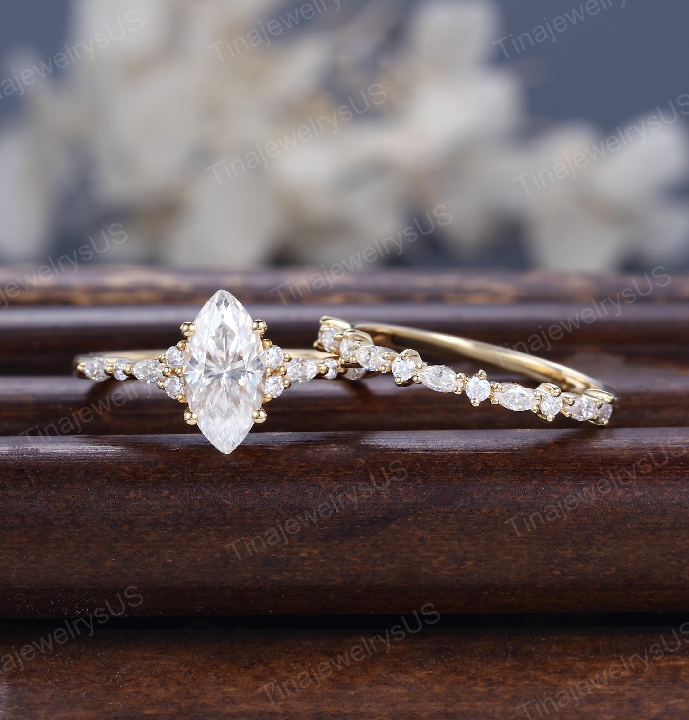 Marquise Cut Moissanite Engagement Ring Set: 14k Yellow Gold Moissanite ...