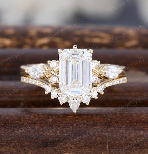 Emerald Cut Lab Grown Diamond Engagement Ring Set Unique Yellow Gold Half Eternity Bridal Set Art Deco Enhancer Stacking Curved Wedding Band