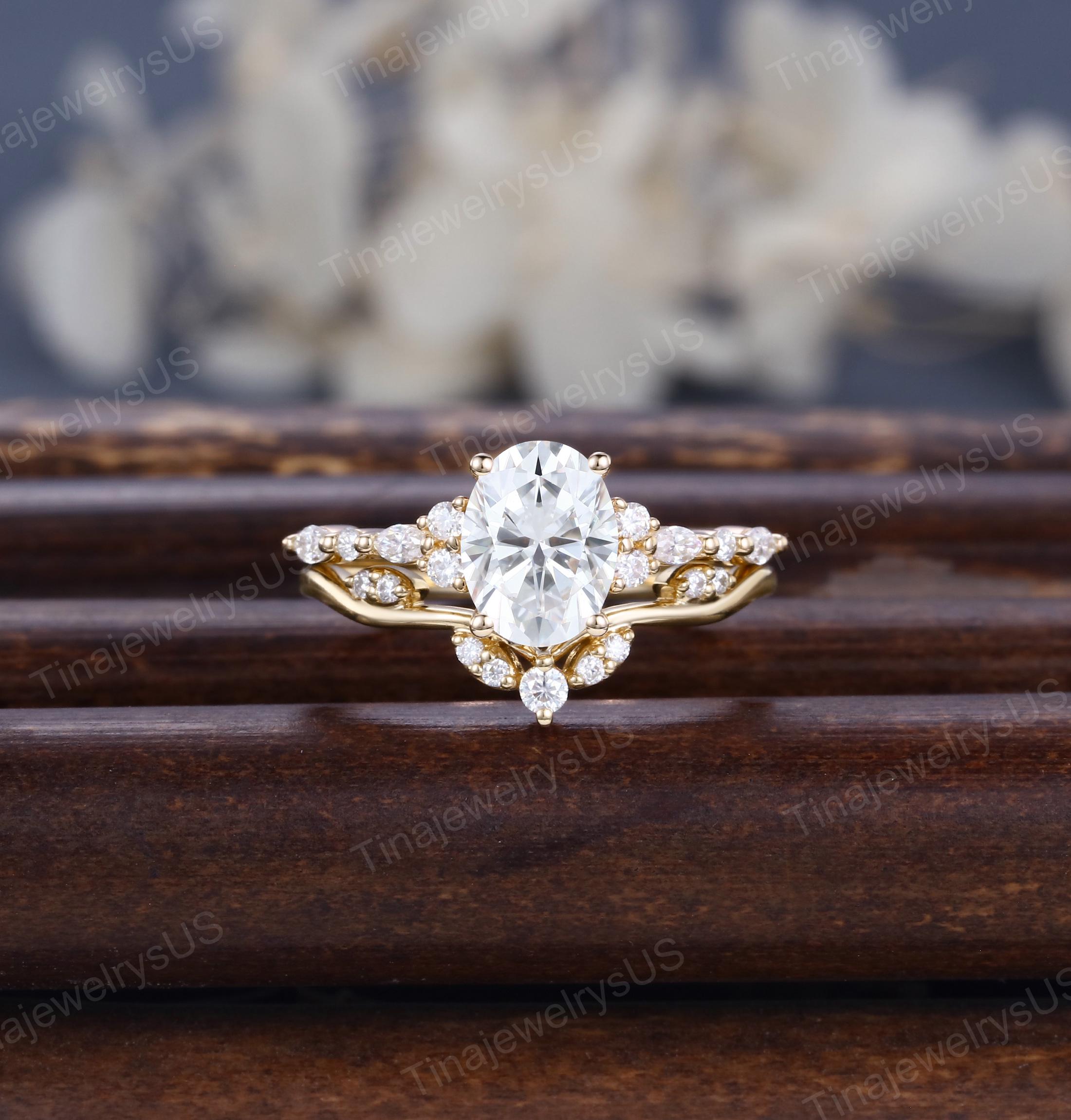 Oval Cut Moissanite Engagement Ring Set Yellow Gold Engagement Ring ...