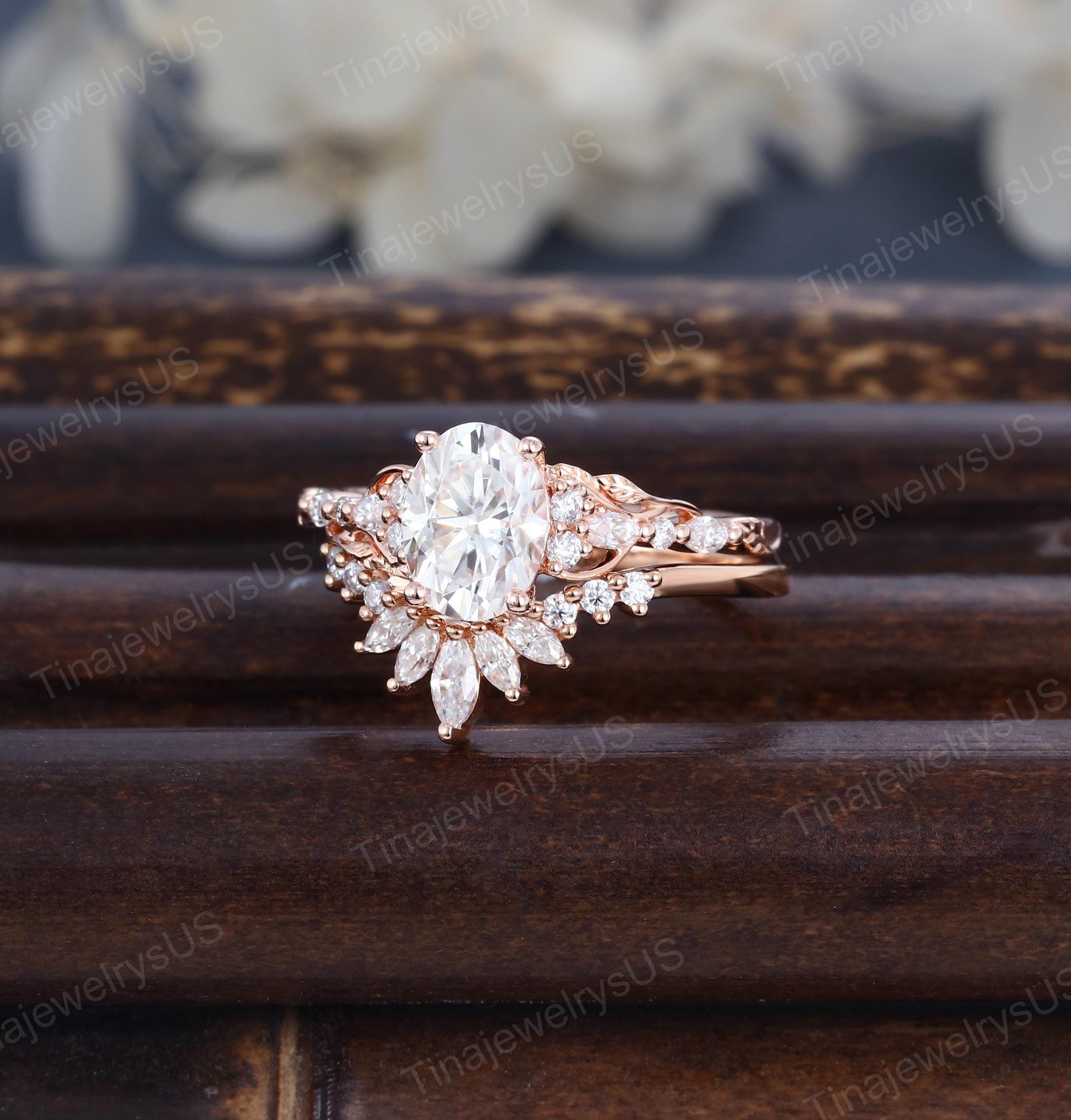 Vintage Oval Cut Moissanite Engagement Ring Set: Solid Gold / Rose ...