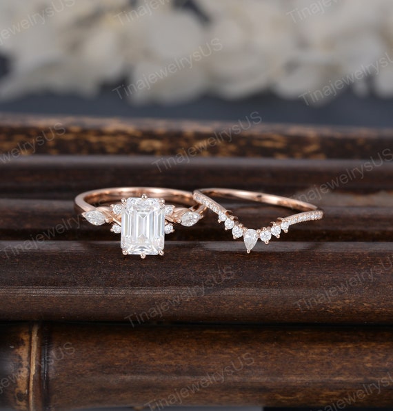 Emerald Cut Moissanite Engagement Ring Set: Rose Gold Pear Cluster Wedding  Band