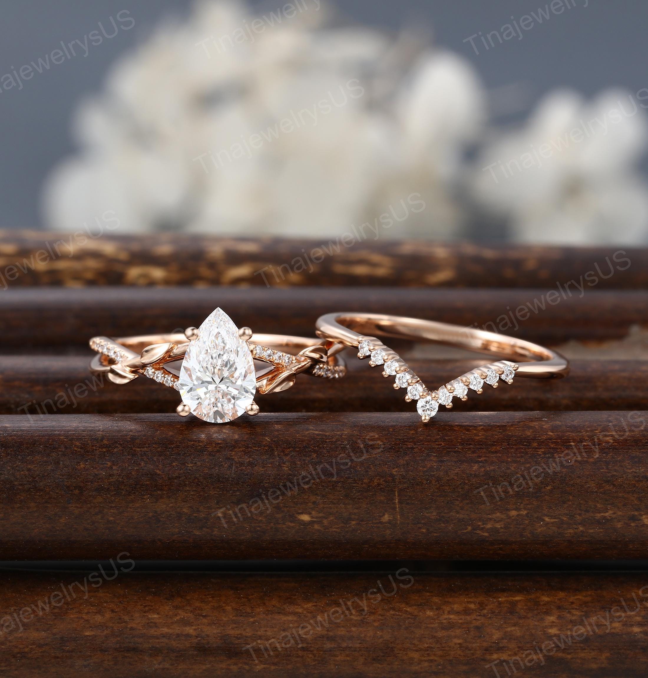 Vintage Pear Lab Grown Diamond Engagement Ring Set 14K Rose Gold ...