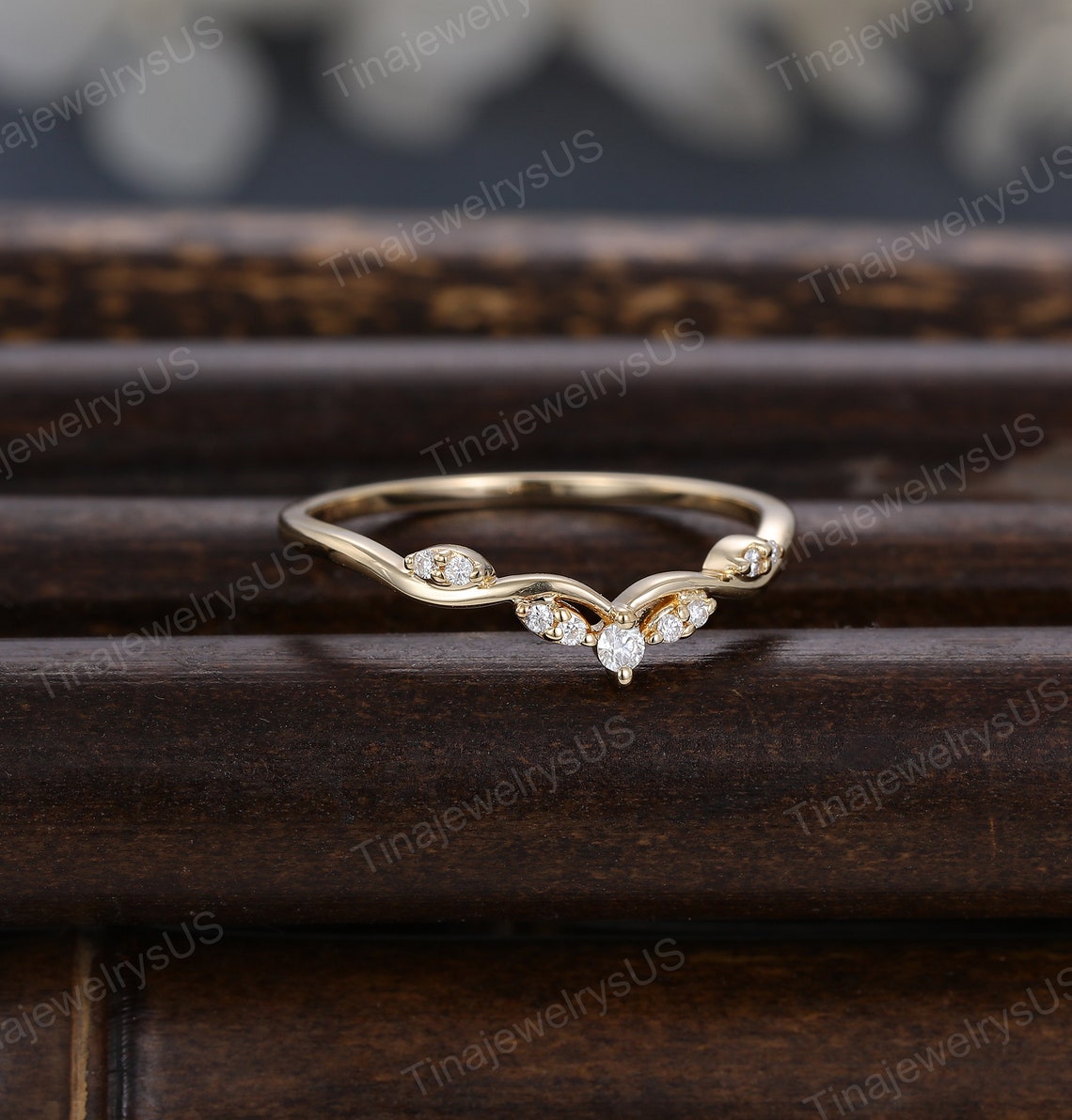Vintage Moissanite Curved Wedding Band Unique 14k Yellow Gold Half ...