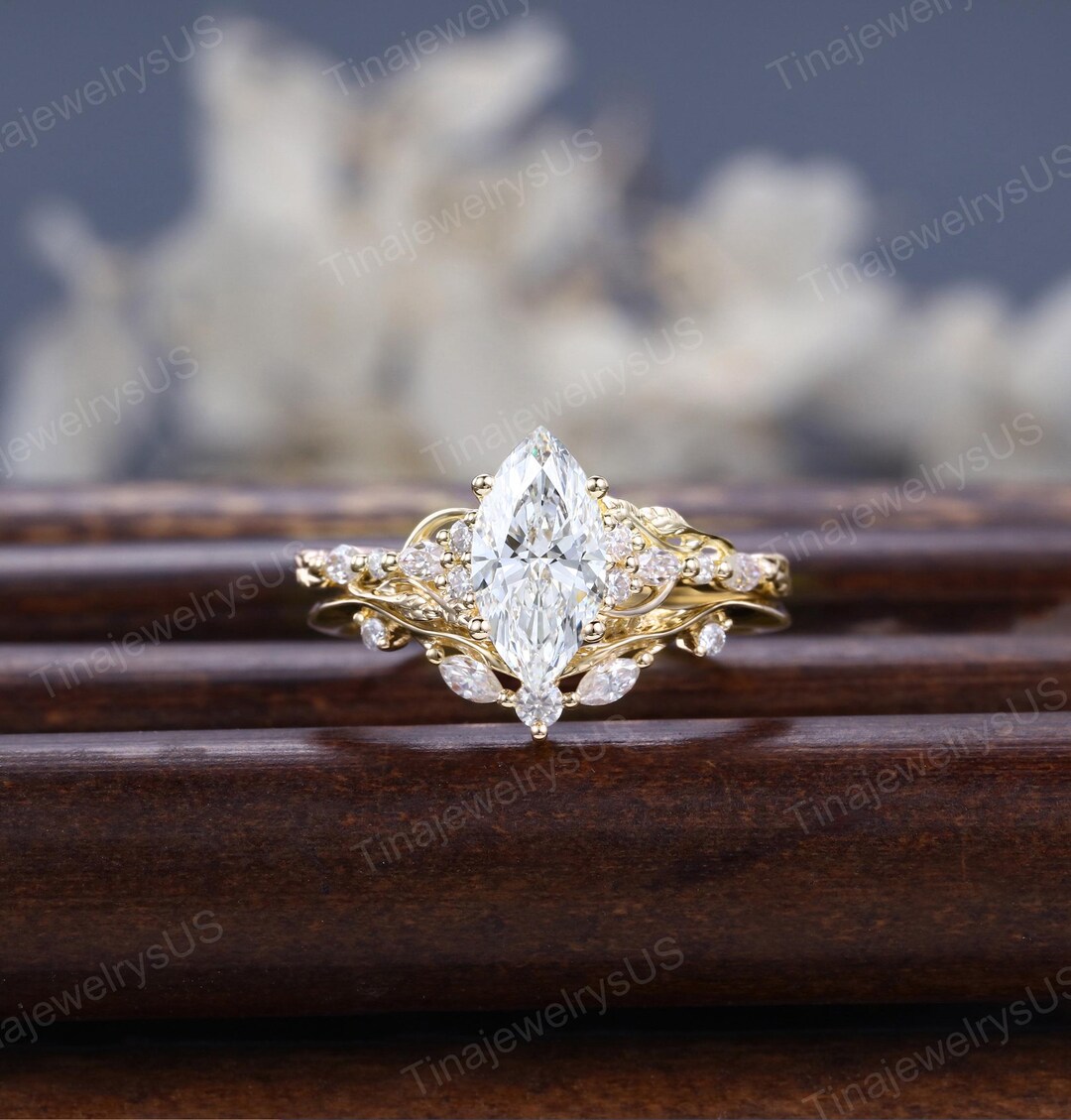 Marquise Cut Lab-grown Diamond Engagement Ring Set Unique Yellow Gold ...