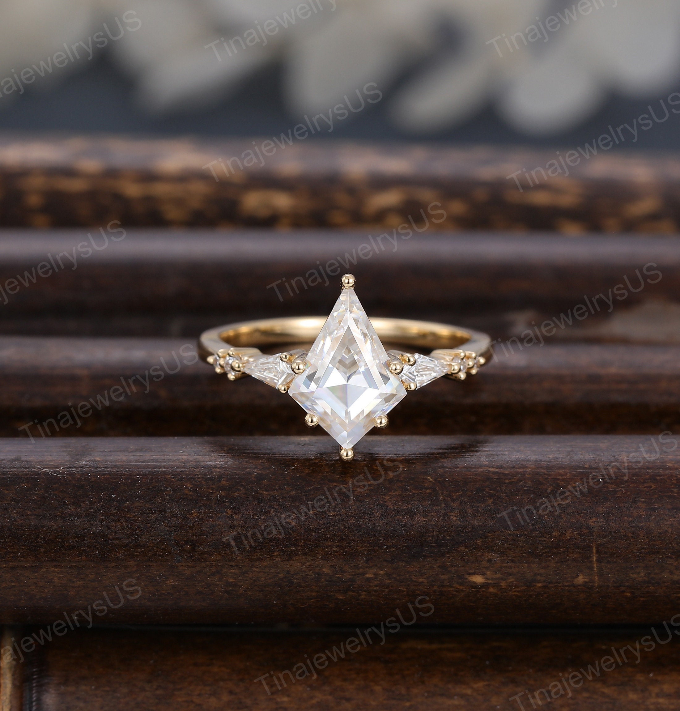 Kite Cut Moissanite Engagement Ring: 14k Yellow Gold Leaf Vine Band