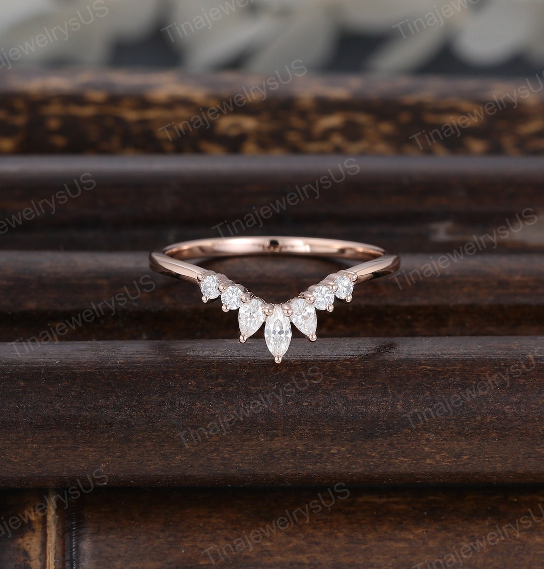 Marquise Cut Curved Wedding Band Unique 14k Rose Gold Stacking Chevron ...