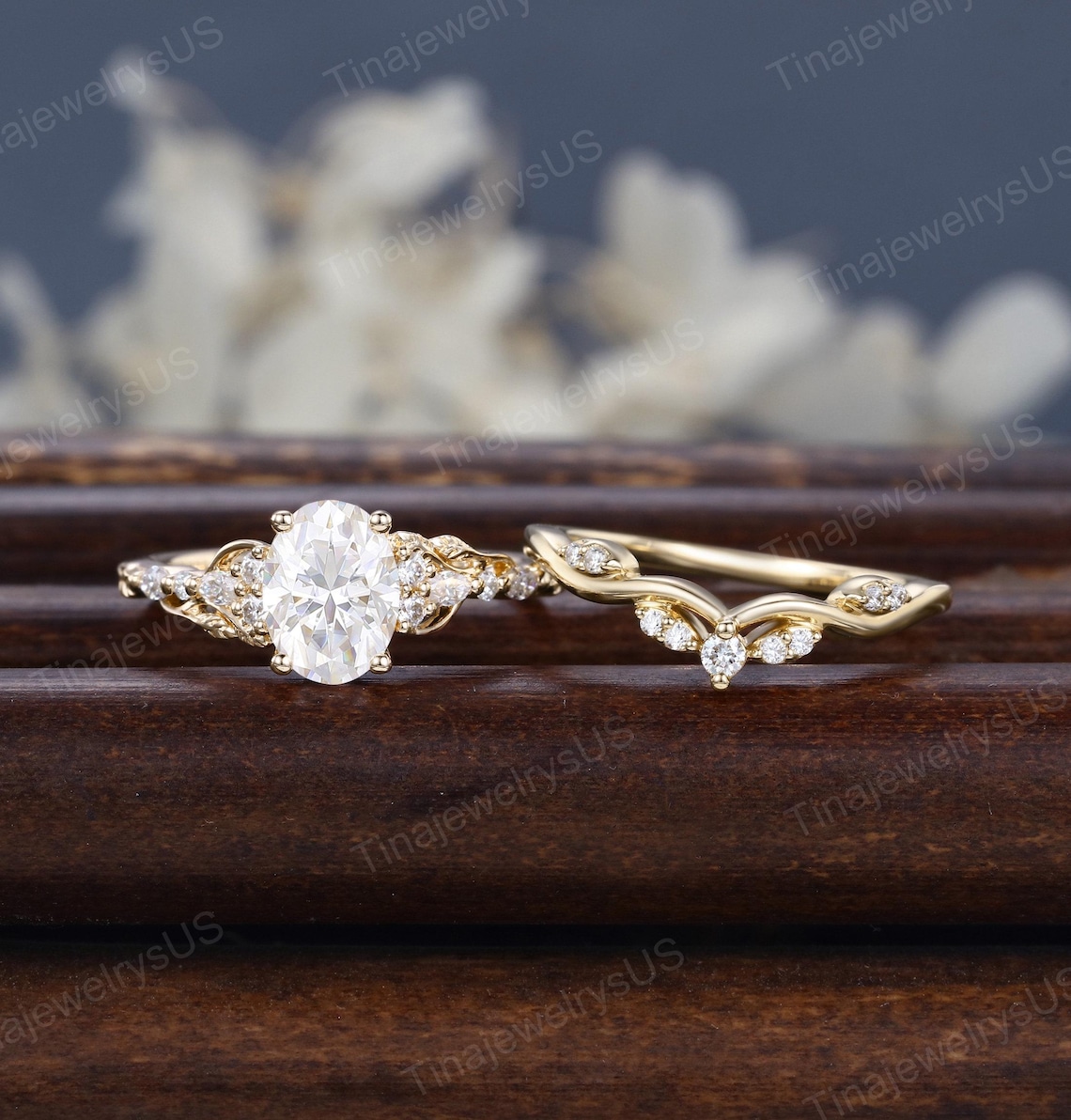 Oval Cut Moissanite Engagement Ring Set Vintage 14K Yellow Gold Leaf ...