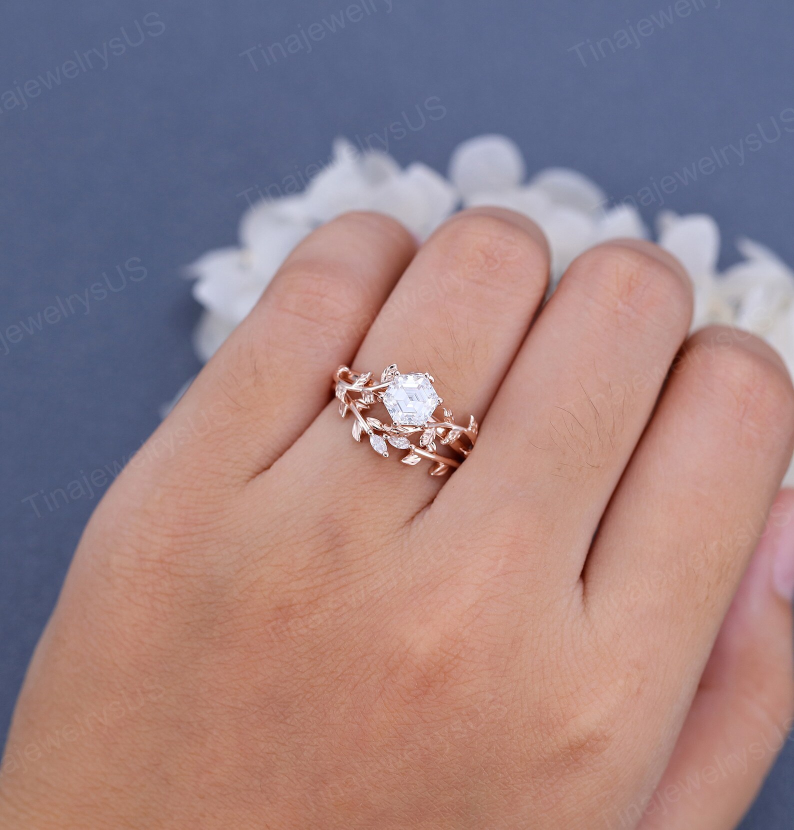 Hexagon Moissanite Engagement Ring Set Unique Rose Gold Vine Etsy