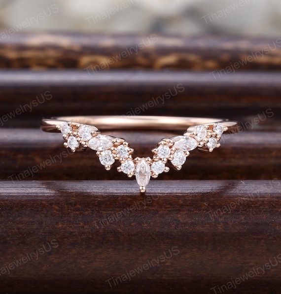 Nature Inspired Cluster Marquise Moissanite Enhance Curved Wedding Band Unique Solid 14K Rose Gold Diamond Stack Matching Ring Gifts For Her