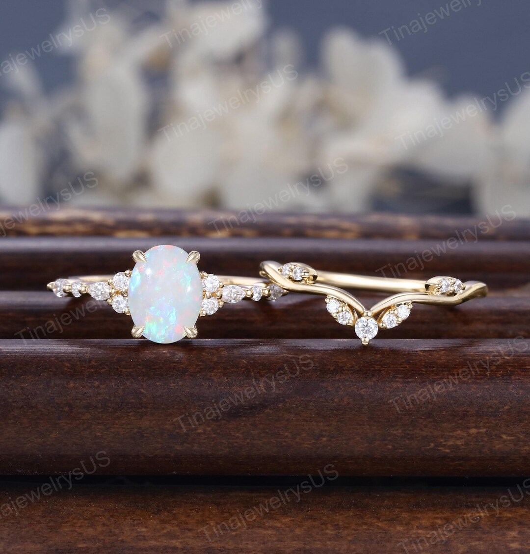 Oval Cut Natural Opal Engagement Ring Set Yellow Gold Engagement Ring ...