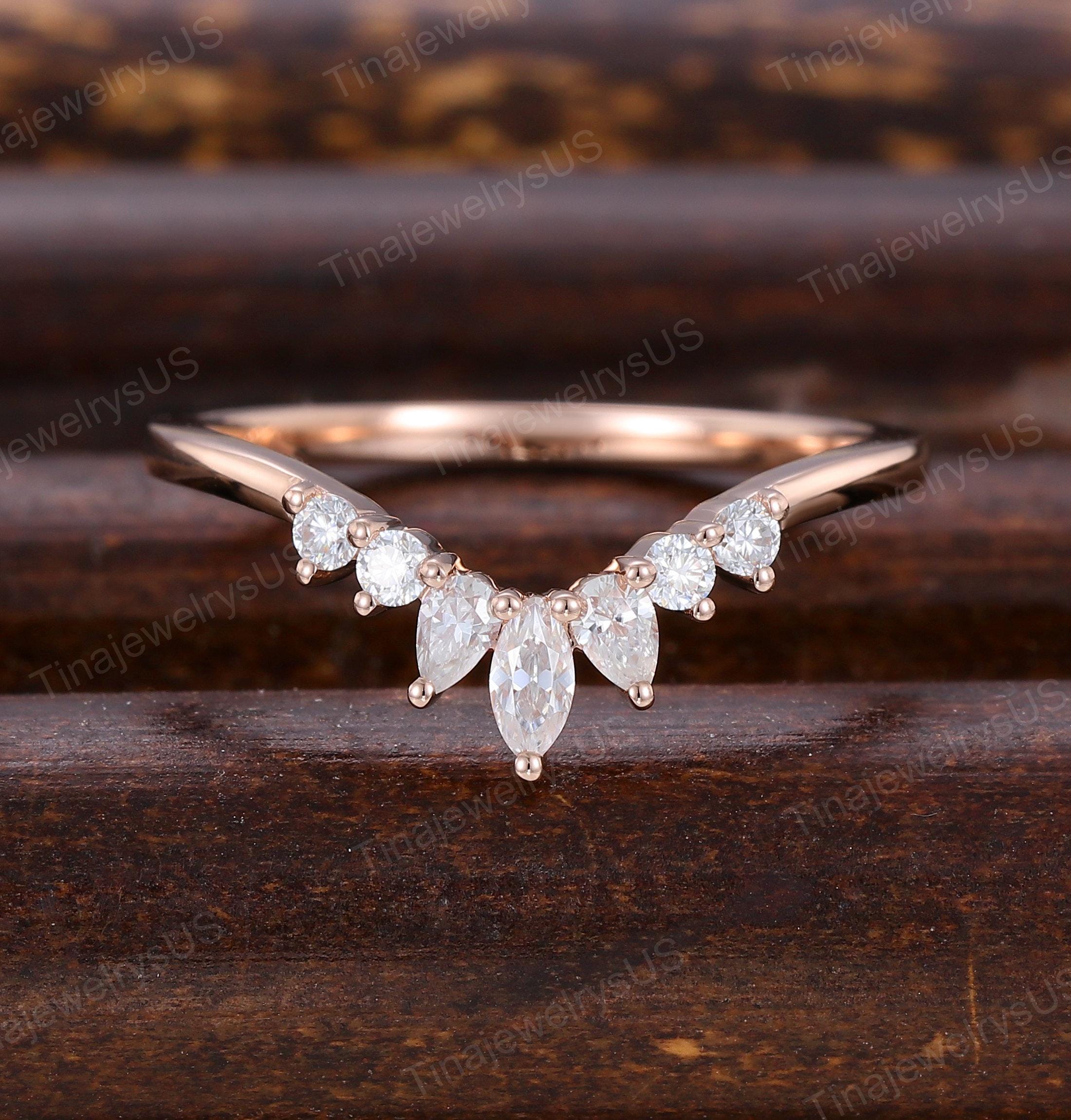 Marquise Moissanite Curved Wedding Band Unique Solid 14k Rose Gold ...
