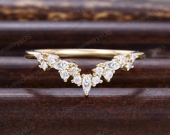 Marquise Cut Lab Grown Diamond Curved Wedding Band Unique Solid 10K Yellow Gold Nature Inspired Ring Vintage Bridal Stacking Matching Ring