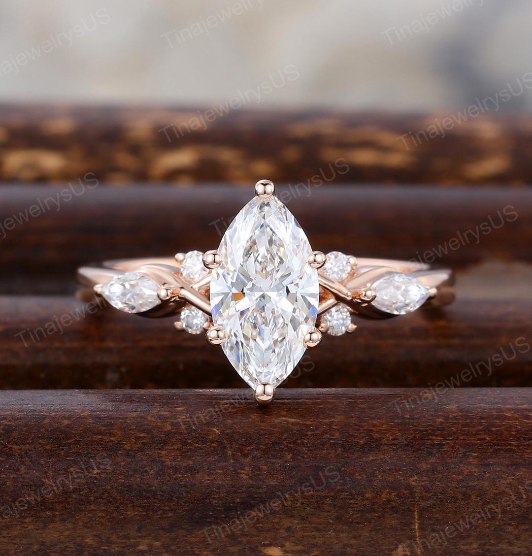 Marquise Cut Lab Grown Diamond Engagement Ring Women Unique Solid 14K ...