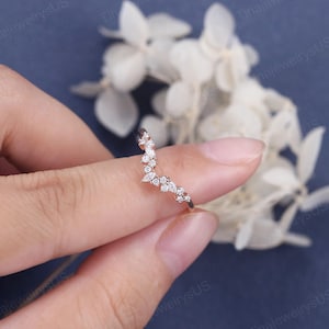 Anillo de bodas curvo con moissanita marquesa en racimo inspirado en la naturaleza, único anillo a juego de oro rosa macizo de 14 quilates con diamantes, regalo para ella imagen 6
