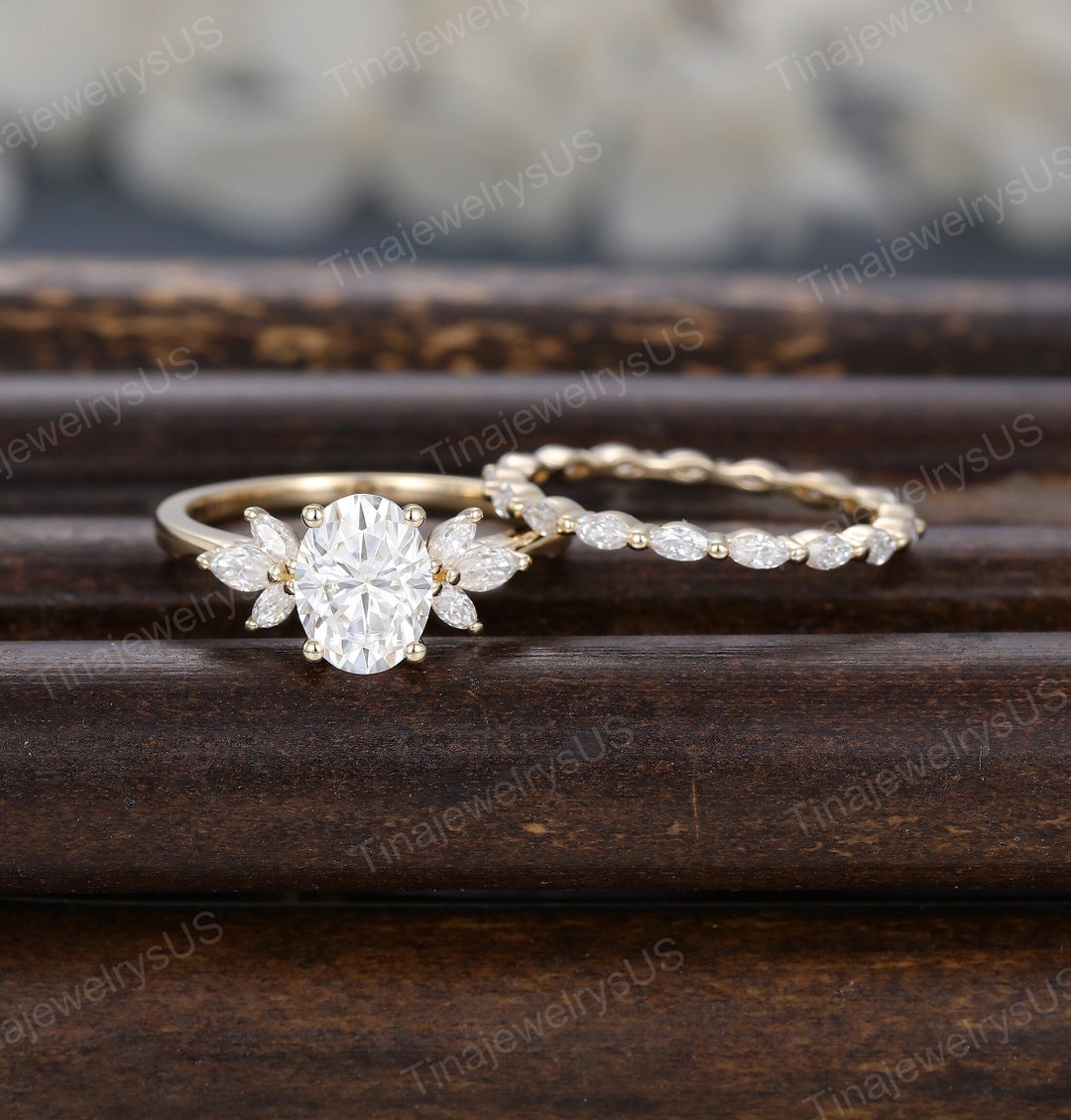 Vintage Oval Cut Moissanite Engagement Ring Set Unique Yellow Gold ...