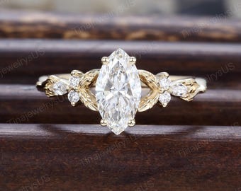 Marquise cut Lab Grown Diamond Engagement ring Yellow gold engagement ring Unique Marquise cluster diamond ring Wedding Promise gift for her