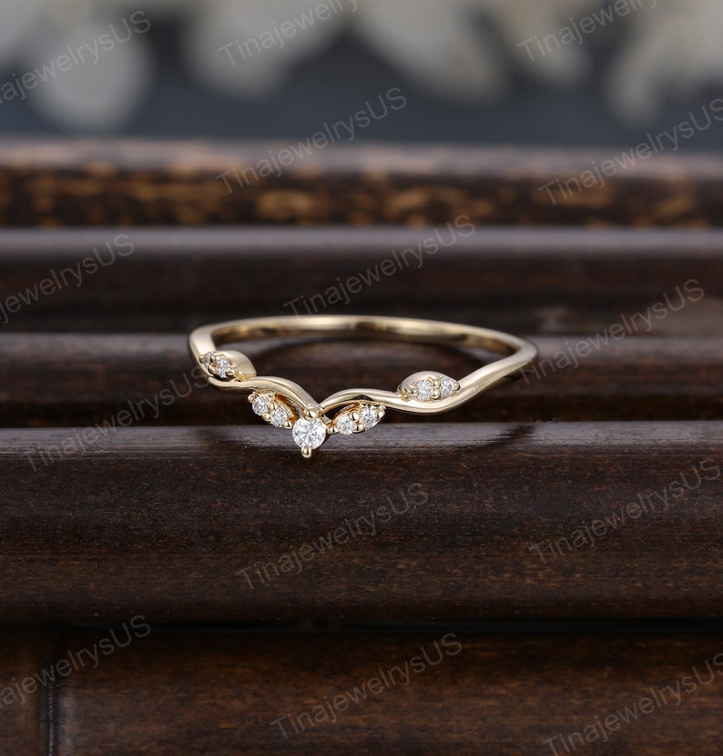 Vintage Moissanite Curved Wedding Band Unique 14k Yellow Gold Half ...