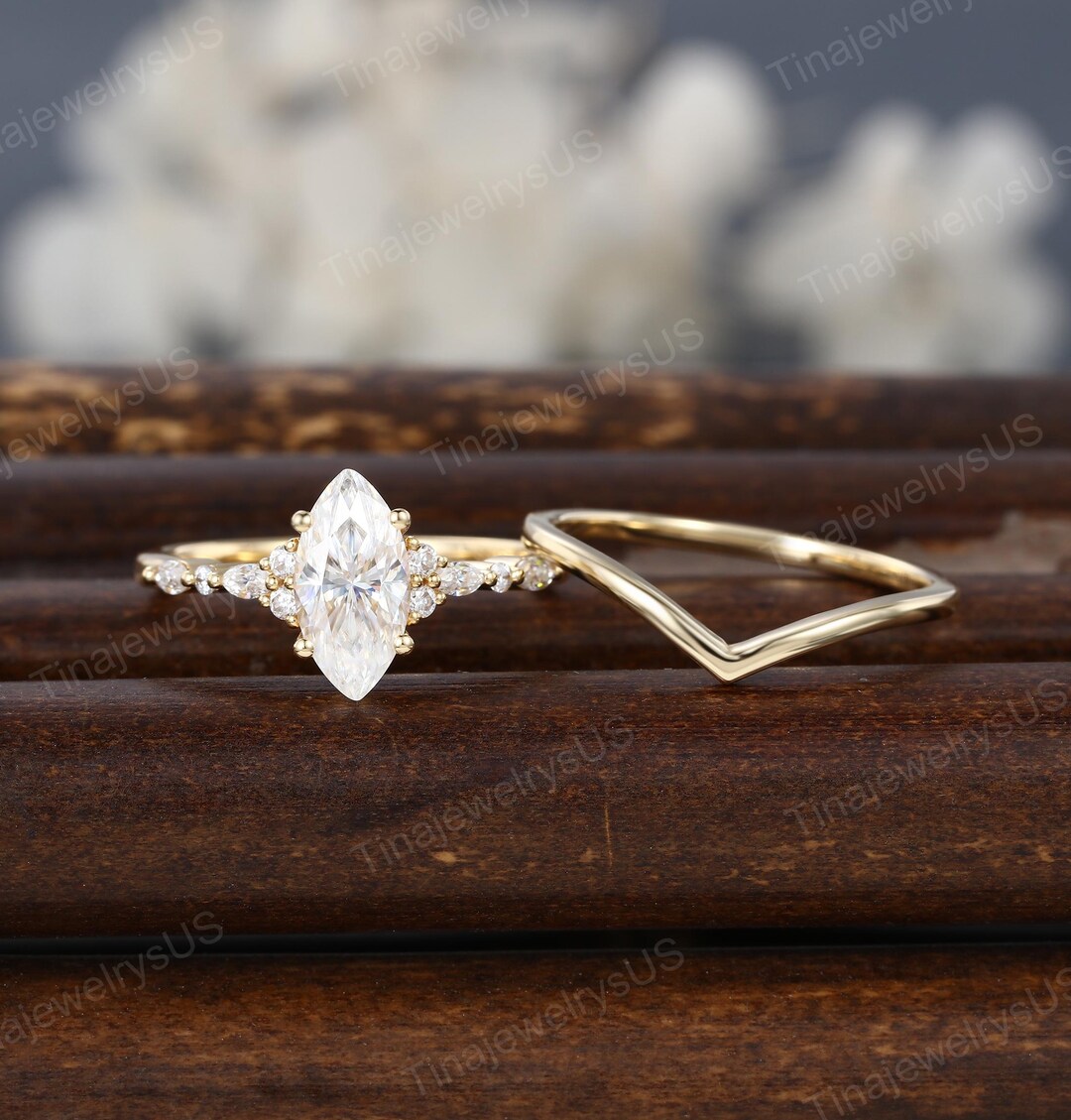Marquise Cut Moissanite Engagement Ring Set Vintage Yellow Gold Half ...