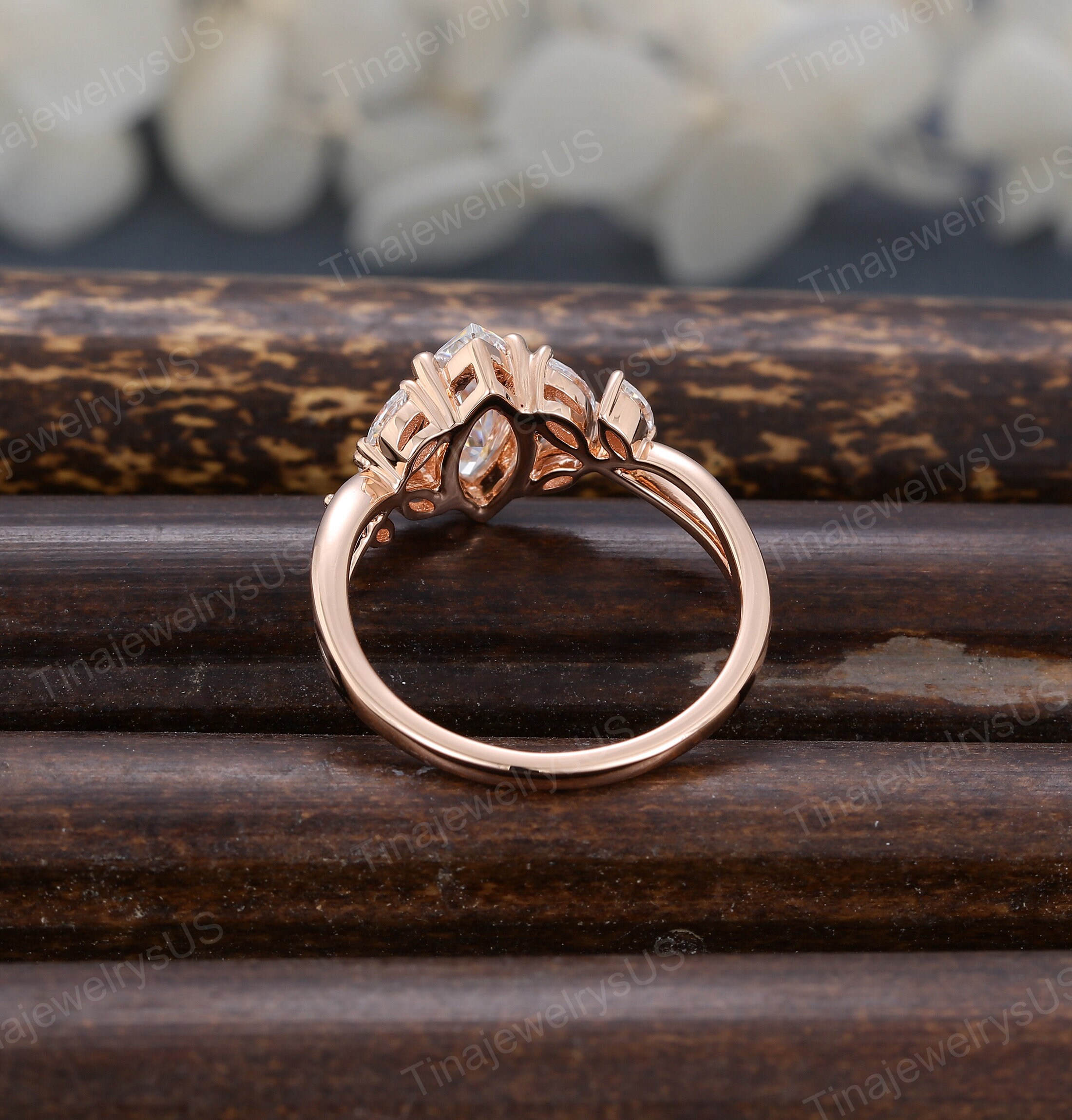 Vintage Marquise Moissanite Engagement Ring Set Rose Gold