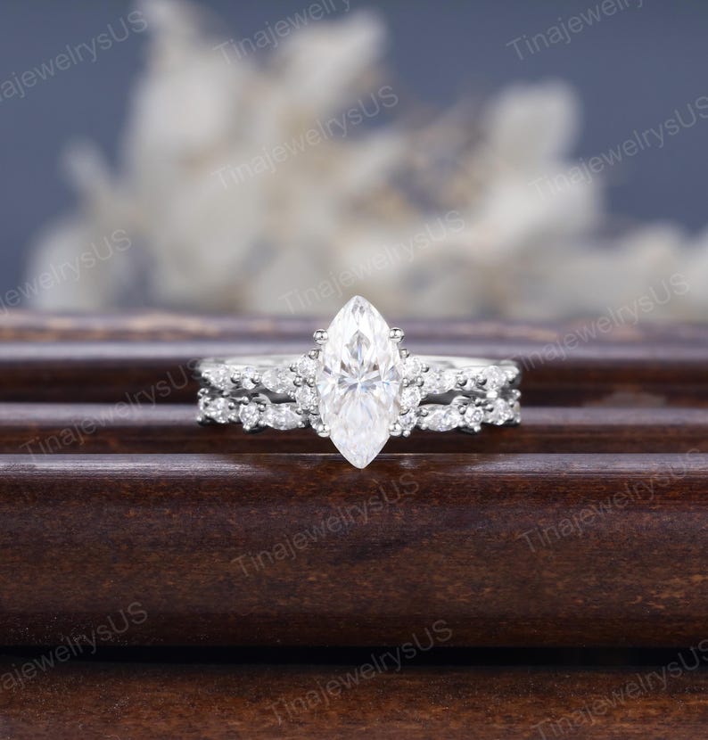 Marquise Cut Moissanite Engagement Ring Set: 14k Yellow Gold Moissanite ...