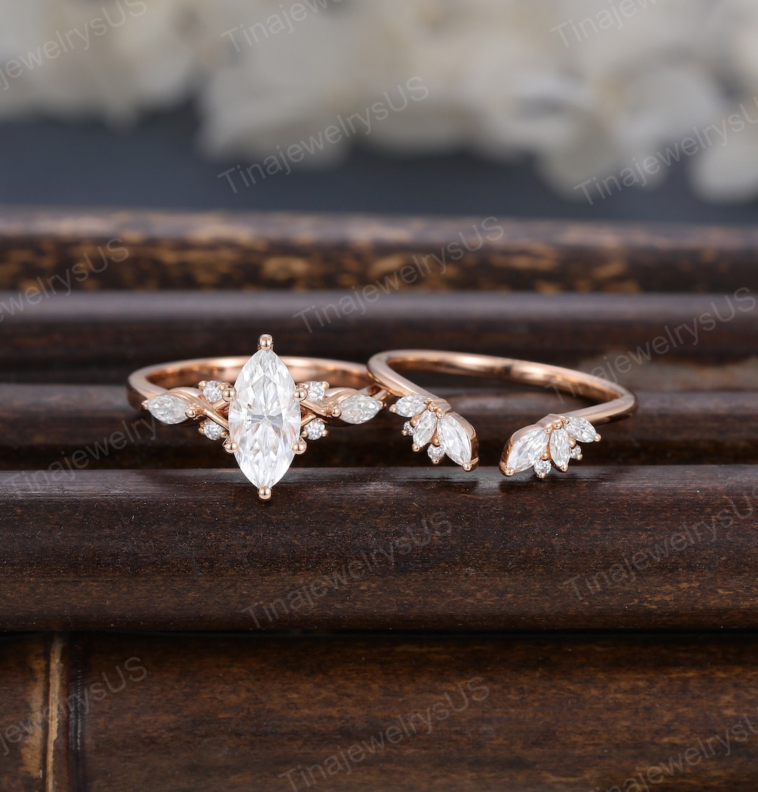 Marquise Moissanite Engagement Ring Set: Rose Gold Bridal Promise