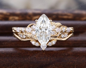 Marquise cut Lab grown Diamond Engagement Ring Set Twisted Band Yellow Gold Curved Cluster Lab grown Diamond Bridal Set promise gift for her