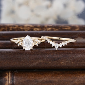 Handmade Pear Moissanite Engagement Ring Set: 14k Yellow Gold Bridal Weave Ring