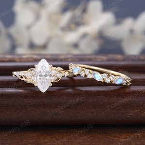 Marquise cut Moissanite engagement ring set Vintage Yellow gold engagement ring Moonstone + Diamonds wedding Bridal set promise gift for her