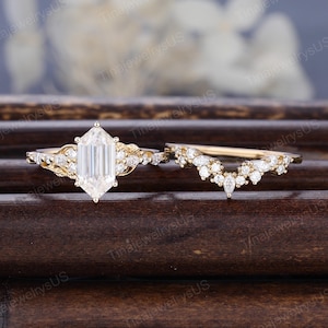 Long Hexagon Moissanite Engagement Ring Set, Moissanite Half Eternity Twisted Band, Solid Gold Bridal , Moissanite Curved Wedding Bridal set