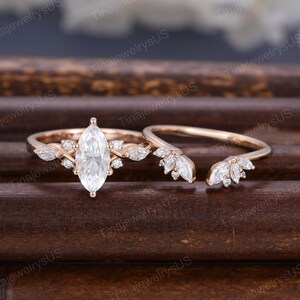 Marquise Moissanite Engagement Ring Sets Art Deco 14K Rose Gold Bridal Promise Ring Delicate Leaf Stacking Matching Oped Curved Wedding Band