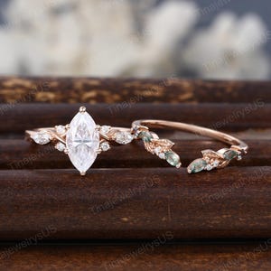 Marquise Moissanite Engagement Ring Sets Vintage Solid 10K/14K Rose Gold Diamond Propose Ring Cluster Moss Agate Enhance Curved Wedding Band