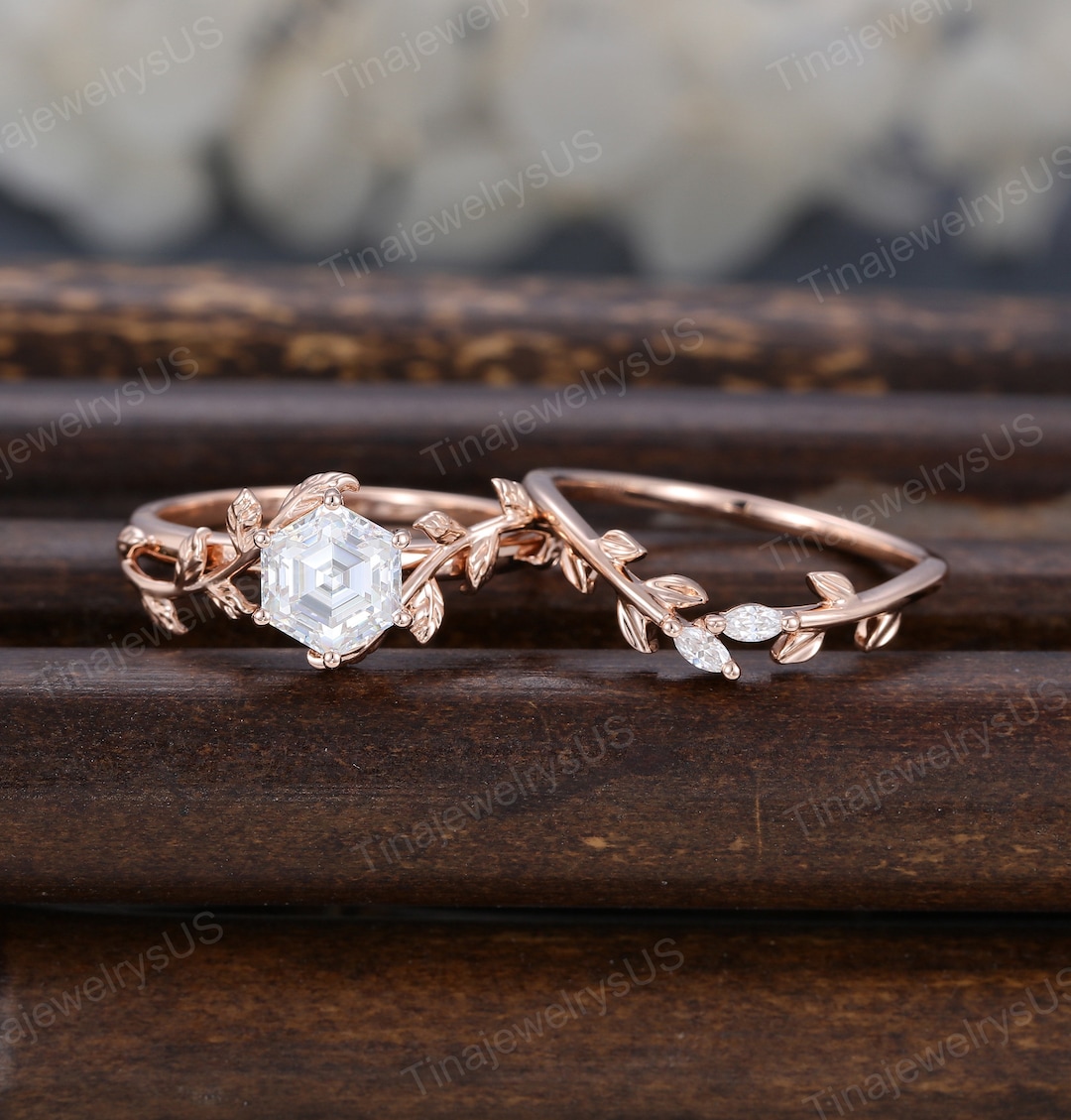 Hexagon Moissanite Engagement Ring Set Unique Rose Gold Vine Etsy