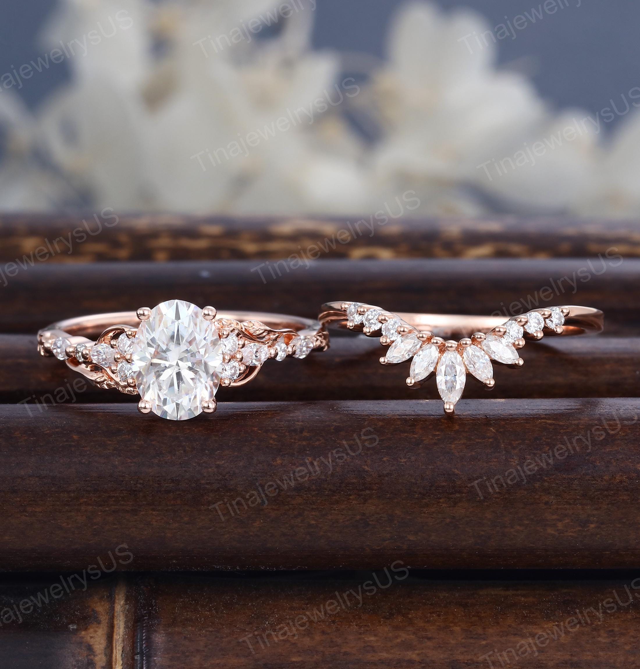 Vintage Oval Cut Moissanite Engagement Ring Set: Solid Gold / Rose ...