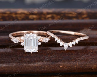 Anillo de compromiso de moissanita con corte esmeralda, clásico, oro rosa de 14 quilates, apilable, curvo, para bodas, media eternidad, regalo para ella