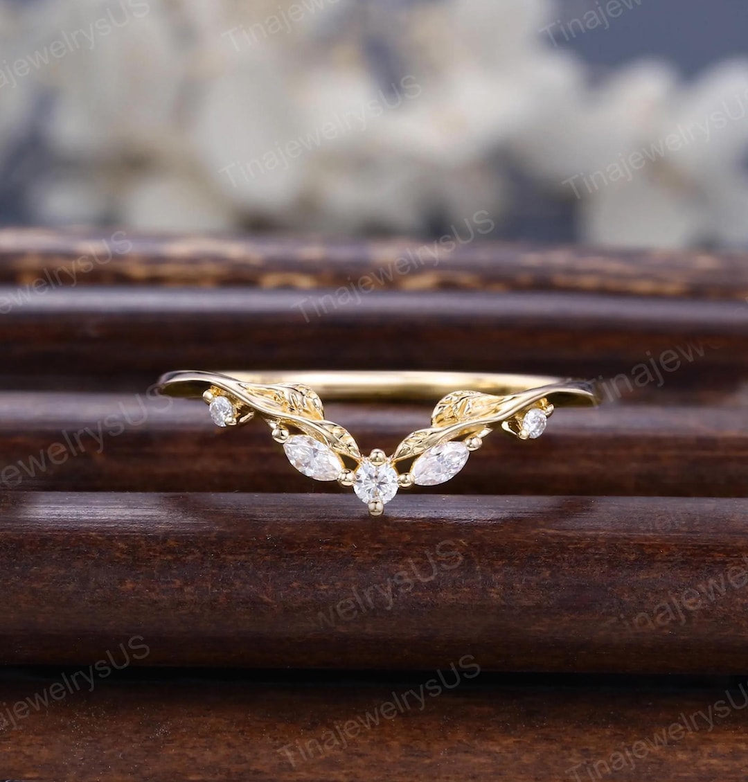 Marquise Cut Moissanite Curved Wedding Band Vintage 14K Yellow Gold ...