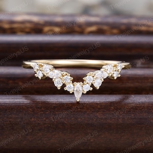 Anillo de bodas curvo con moissanita marquesa en racimo inspirado en la naturaleza, único anillo a juego de oro rosa macizo de 14 quilates con diamantes, regalo para ella imagen 7