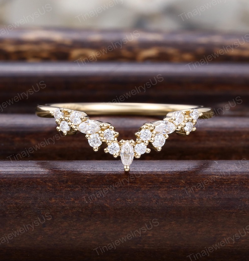 Anillo de bodas curvo con moissanita marquesa en racimo inspirado en la naturaleza, único anillo a juego de oro rosa macizo de 14 quilates con diamantes, regalo para ella imagen 7