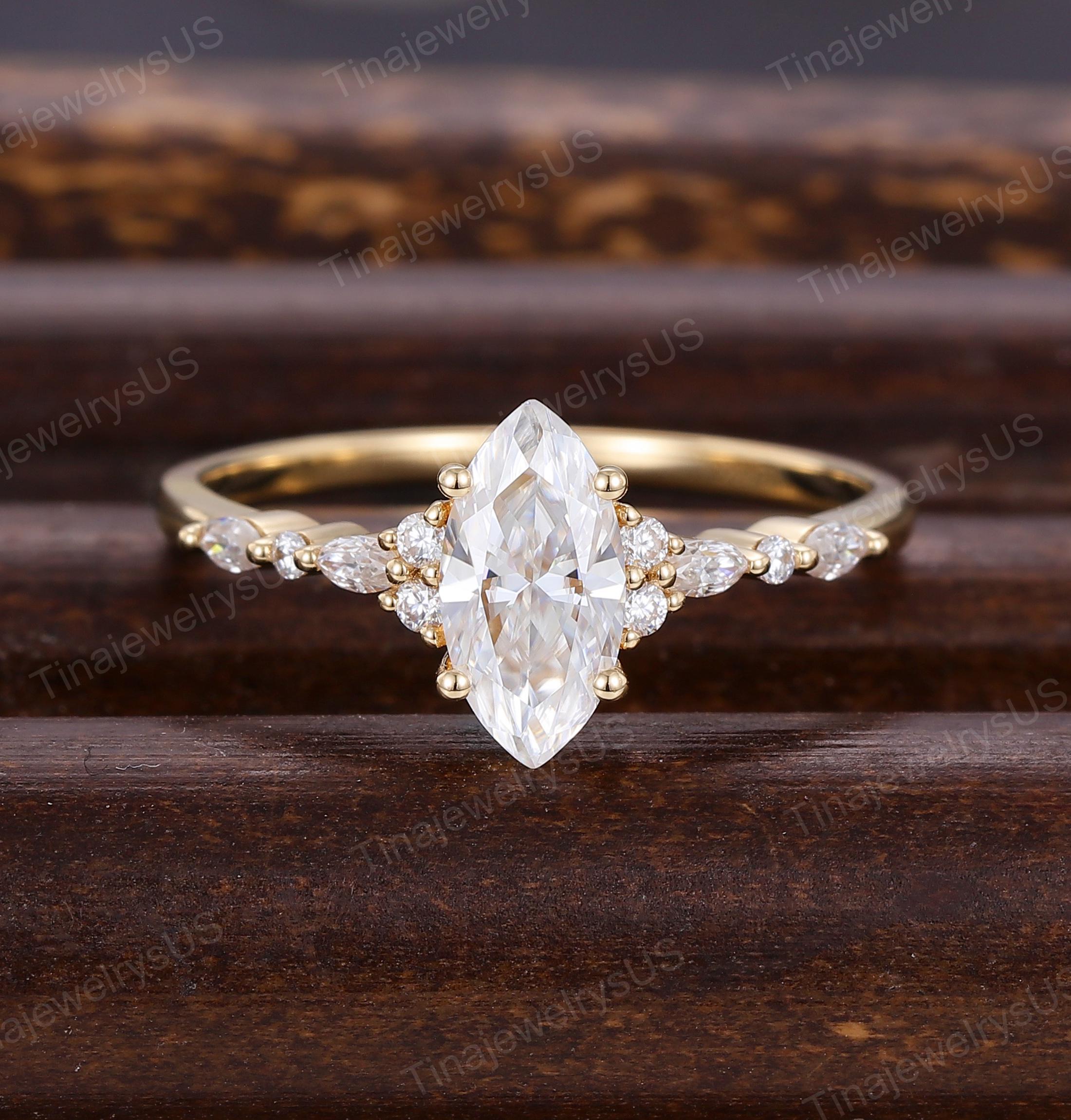 Marquise Moissanite Engagement Ring Vintage 14K Yellow Gold Cluster ...