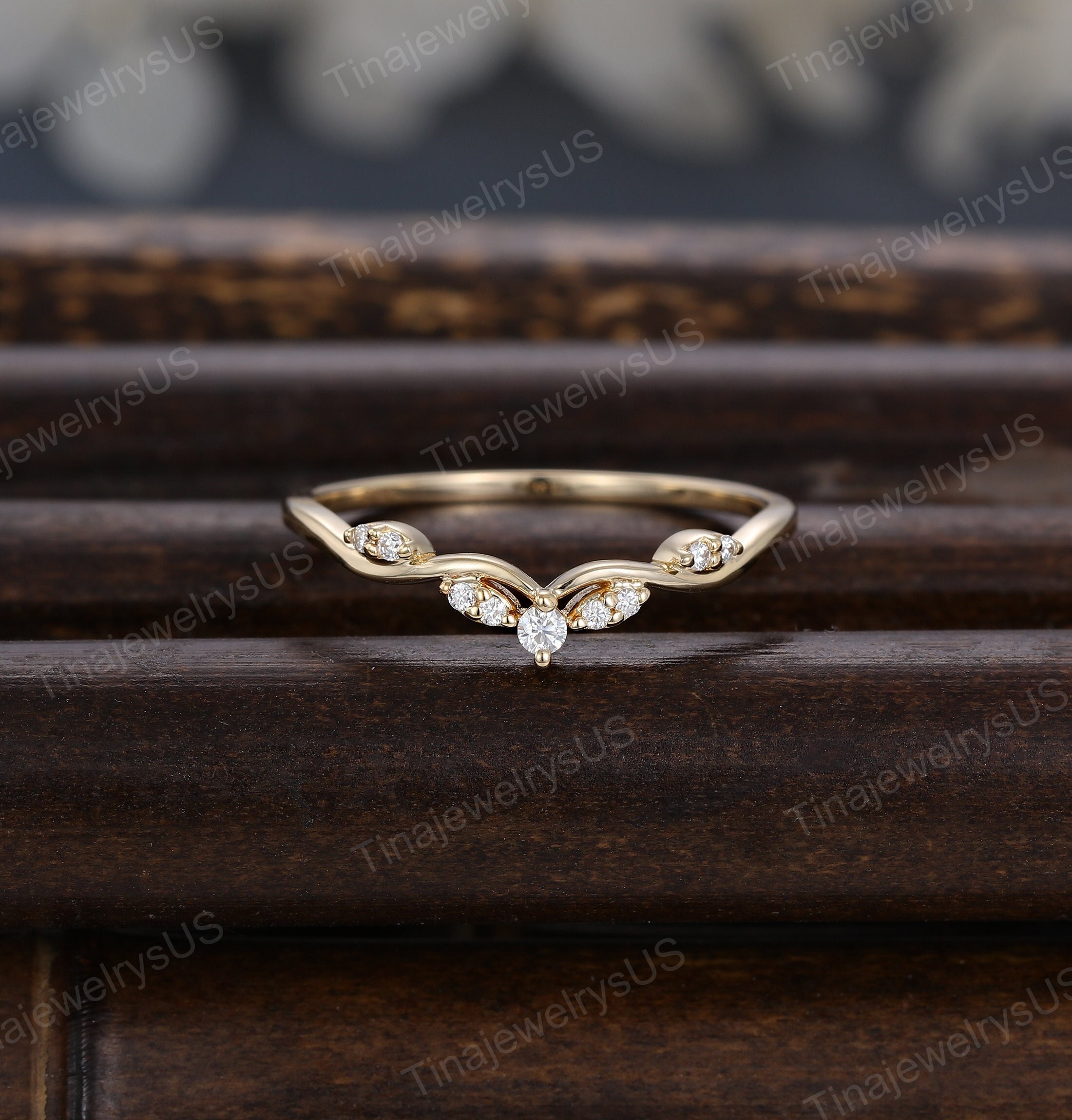 Vintage Moissanite Curved Wedding Band Unique 14k Yellow Gold Half ...