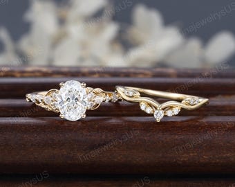 Oval cut Lab grown Diamonds Engagement Ring Set Twisted Band: Yellow Gold Engagement Ring Lab grown Diamonds Bridal Set promise gift for her