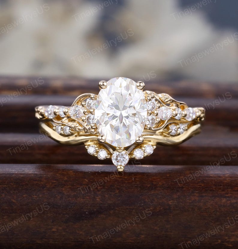 Oval Cut Moissanite Engagement Ring Set Vintage 14K Yellow Gold Leaf ...